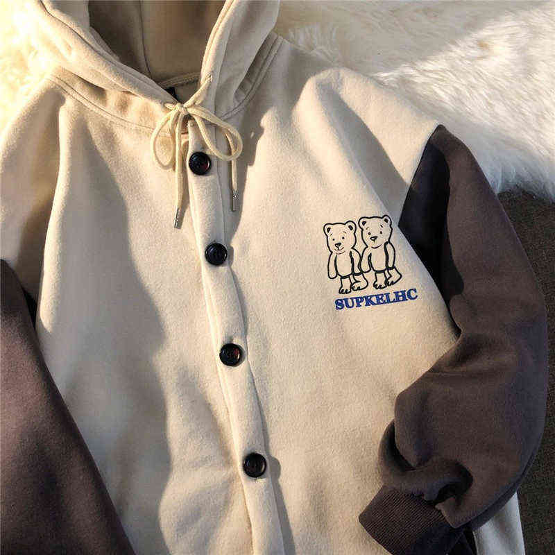 Harajuku Oversized Sweatshirt Streetwear Women Print Letter Zip Up Hoodies Student Plus Size Korean Outwear Chic Bear Loose Tops 211109