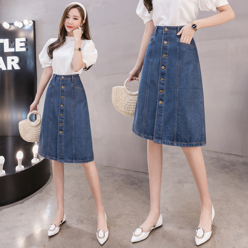 COIGARSAM Plus Size Women Denim Skirt New Spring Summer High Waist Skirts Blue 5891 210309