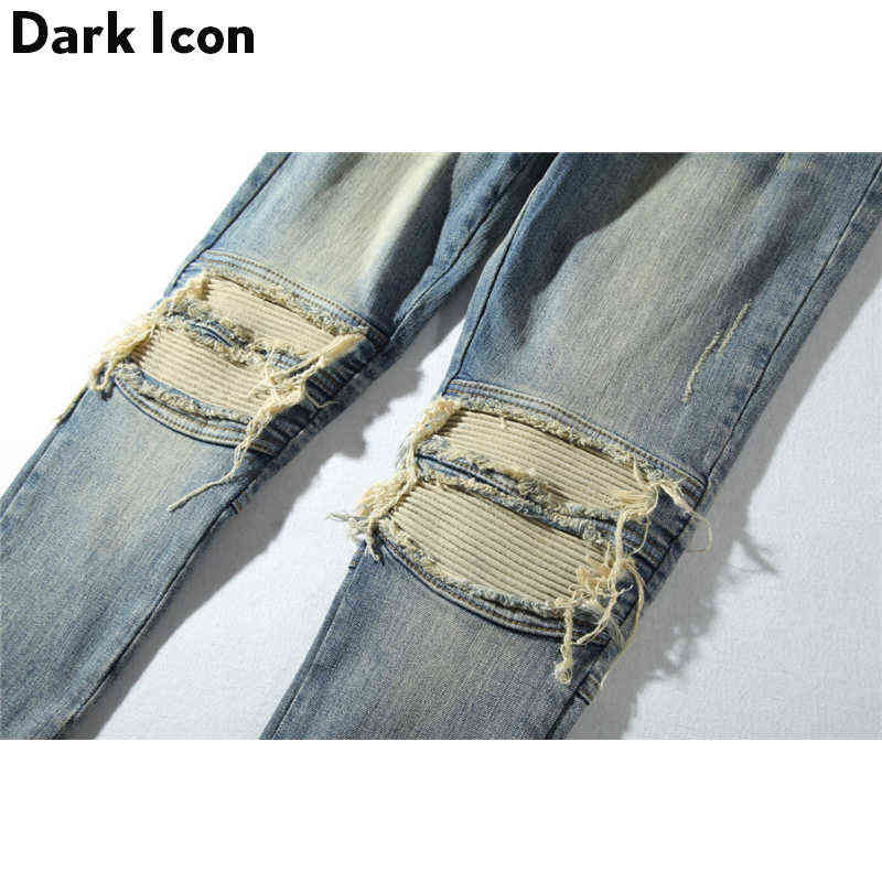 Dark Icon Pleated Knee Regular Hip Hop Jeans Men High Street Motorcycle Ankle Length Men's Denim Pants Full 211111
