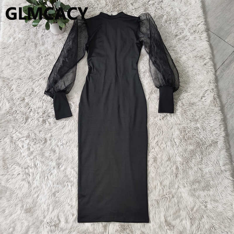 Women Mesh Lantern Sleeve Slim Midi Dress Elegant Bodycon Evening Party Long Robes Dresses 210702