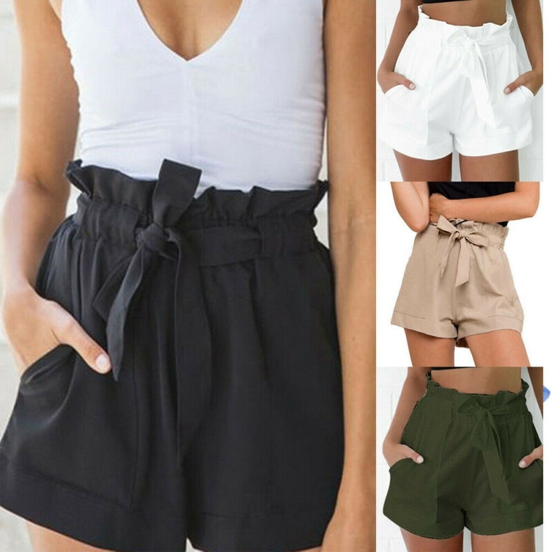 Fashion Women Shorts High Waist Paper Bag Tie Belt Shorts Ladies Summer Shorts Size 6-14 210611