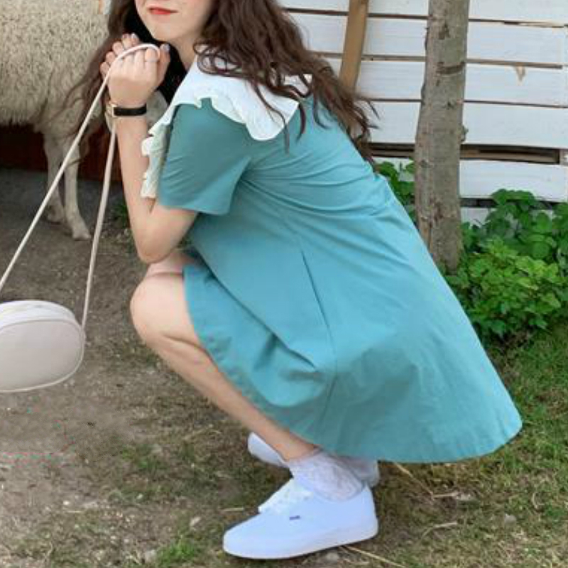 Sailor Dress Women Collar Short Sleeve A-line Fashion Sweet Loose Korean Style Students Mini Dresses Ulzzang Summer All-match C0304