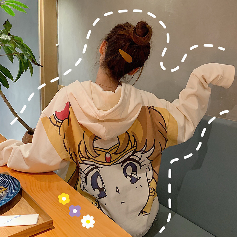 Streetwear Sweatshirt Harajuku Sailor Moon Cartoon Print Hoodie Women Loose Casual Cute Pocket Long Sleeve Pullover Tops Clothes 201211