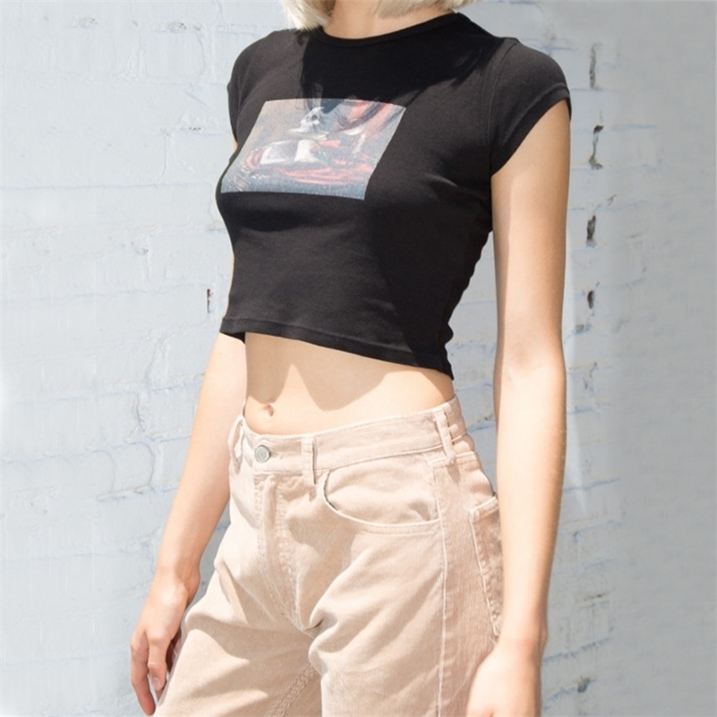 Women Skull Print Crop Tee in Black Short Sleeve Crop T-shirt Fitted Top 210306