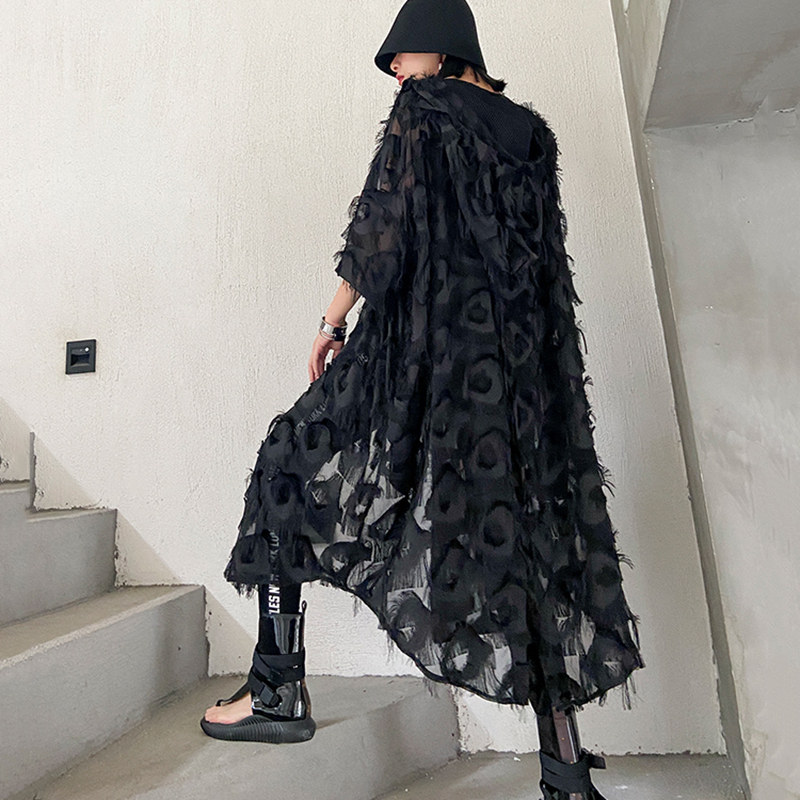 EAM Women Black Feather Split Big Size Dress VNeck Threequarter Sleeve Loose Fit Fashion Spring Summer 1T159 210309