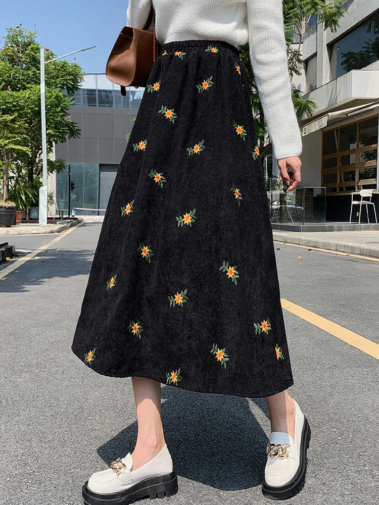 SURMIITRO Corduroy Midi Long Skirt Women Autumn Winter Korean Floral Embroidery Mid-Length High Waist A Line Skirt Female 211119