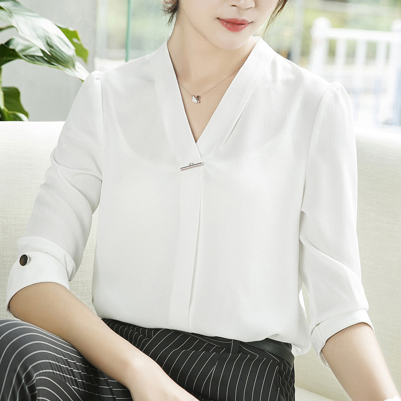 Fashion Women Chiffon Shirt New Summer V Neck Half Sleeve Slim Blouse Office Ladies Formal Plus Size Tops 210225