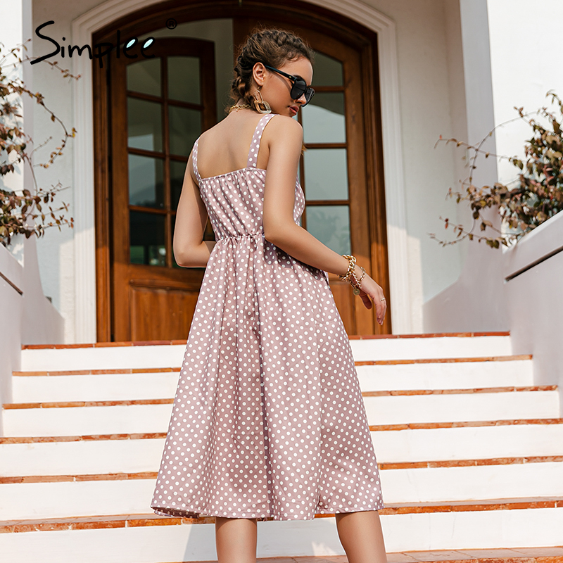 Casual Polka Dot Dress Sleeveless Holiday style high waist buttoned women's Fashion Midlength summer dresses 210309