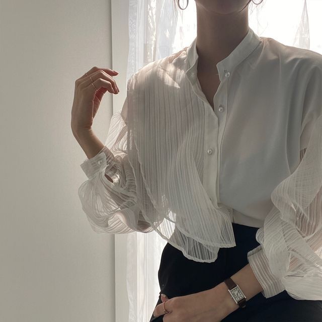 [EWQ] Spring New Stand Collar Chic Pearl Button Loose Perspective Mesh Stitching Lantern Sleeve Shirt Women Blouse Blusas 210225