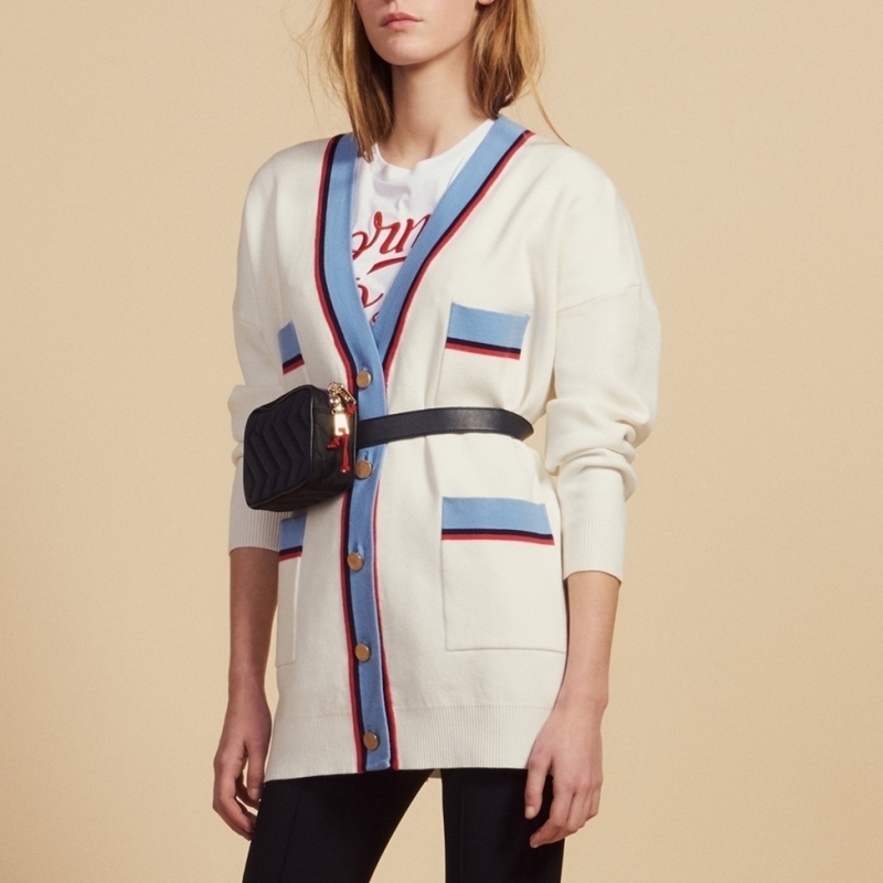 Women White Cardigan Four Pockets V Neck Knitted Sweater Coat T200319