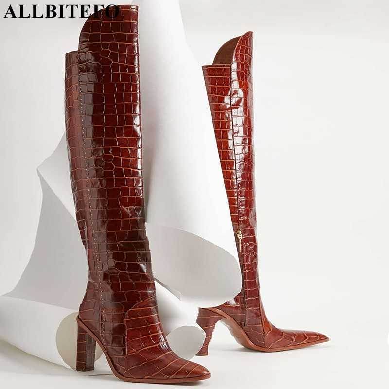 ALLBITEFO size 33-43 Lizard texture women high heel boots fashion party shoes women's knee high boots riding boots Bottes bottes 210611