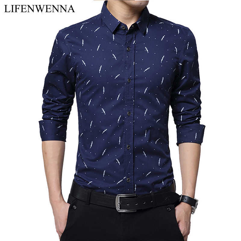 Autumn Fashion Men's Shirt Slim Fit Print Long Sleeve Shirt Mens Clothing Trend Casual Social Office Shirt Men Plus 5XL 210528