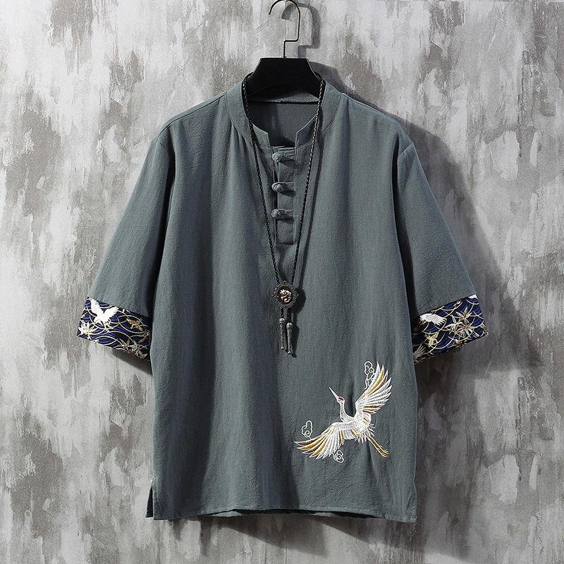 Ethnic Clothing Chinese Style Disc Button Linen T-shirt Men's Summer Short-sleeved Tang Suit Loose Large Size Cotton And Japanese