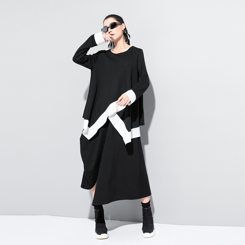 [EAM] Women White Contrast Color Split Big Size T-shirt New Round Neck Long Sleeve Fashion Tide Spring Autumn 2021 1DA611 210302