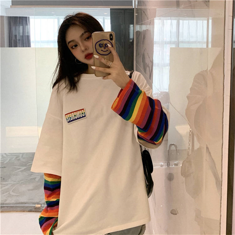 Hirsionsan Rainbow Kawaii T Shirt Women New Spring Long Sleeve Harajuku Tees Casual Student Tops Stripe Oversized Clothes 210302