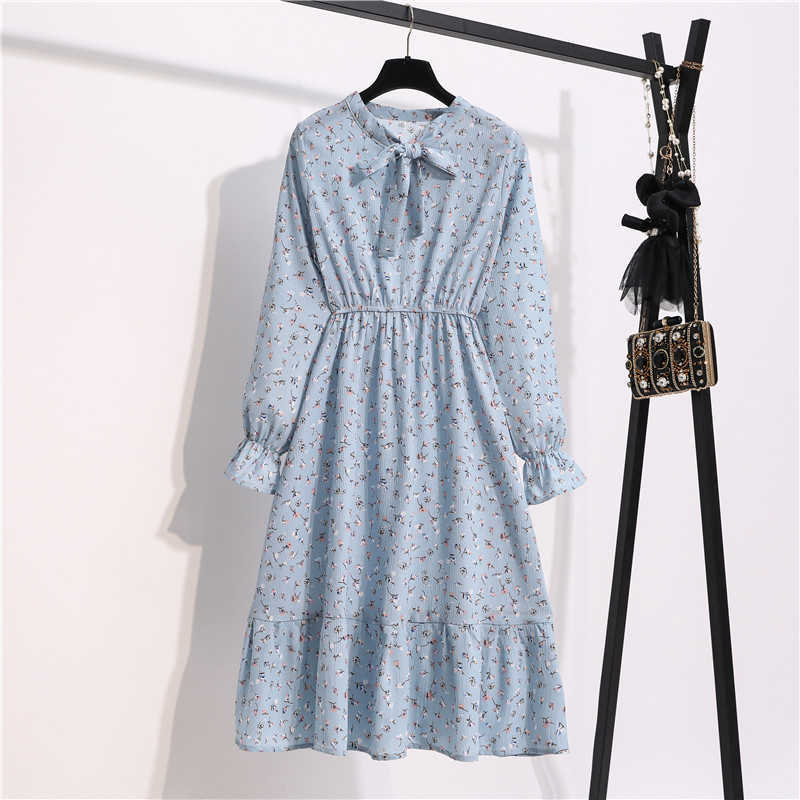 Women Casual Autumn Lady Korean Style Vintage Floral Chiffon Shirt Dress Long Sleeve Bow Midi Summer Woman 210623