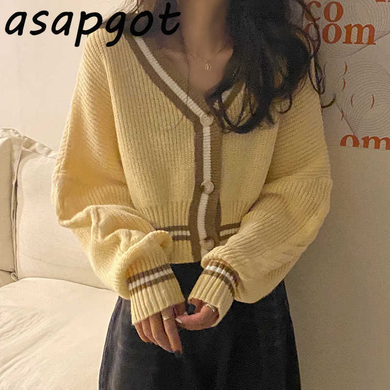 Korean Chic Autumn Loose Short V Neck Lazy Long Sleeve Striped Sweater Women Coat Clothes Thick Warm Crop Cardigan Casual Retro 210918