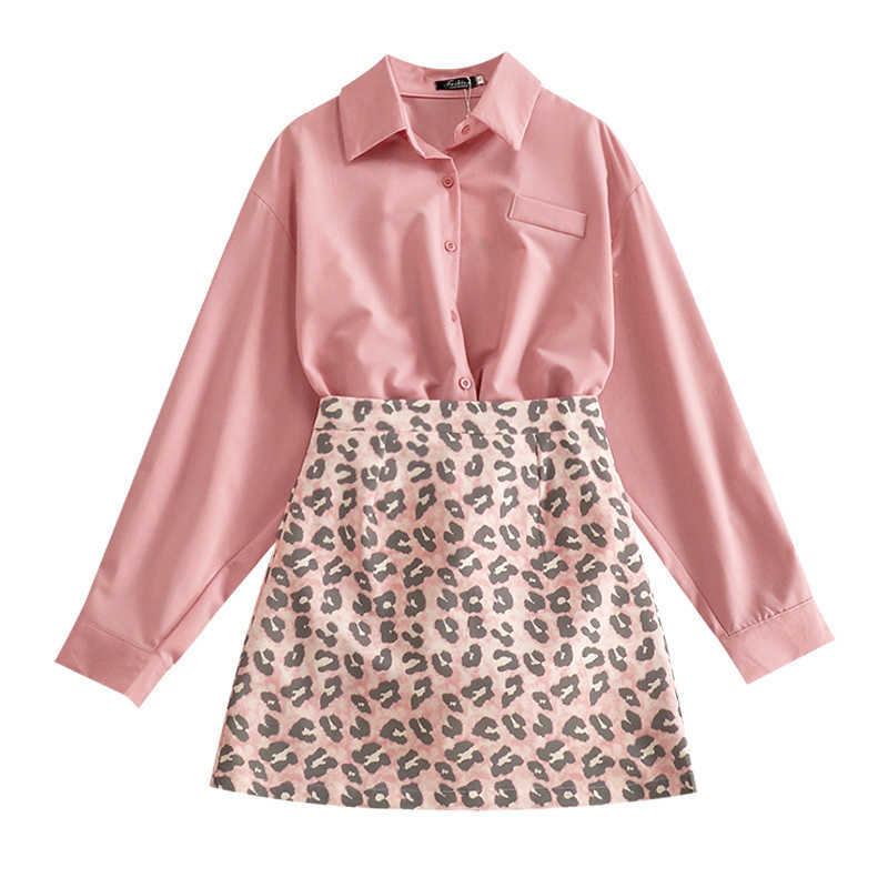 DEAT Women Lapel Asymmetarical Shirt Leopard Skirt Short Two Piece Set Temperamnet Fashion Spring Summer 11D777 210709