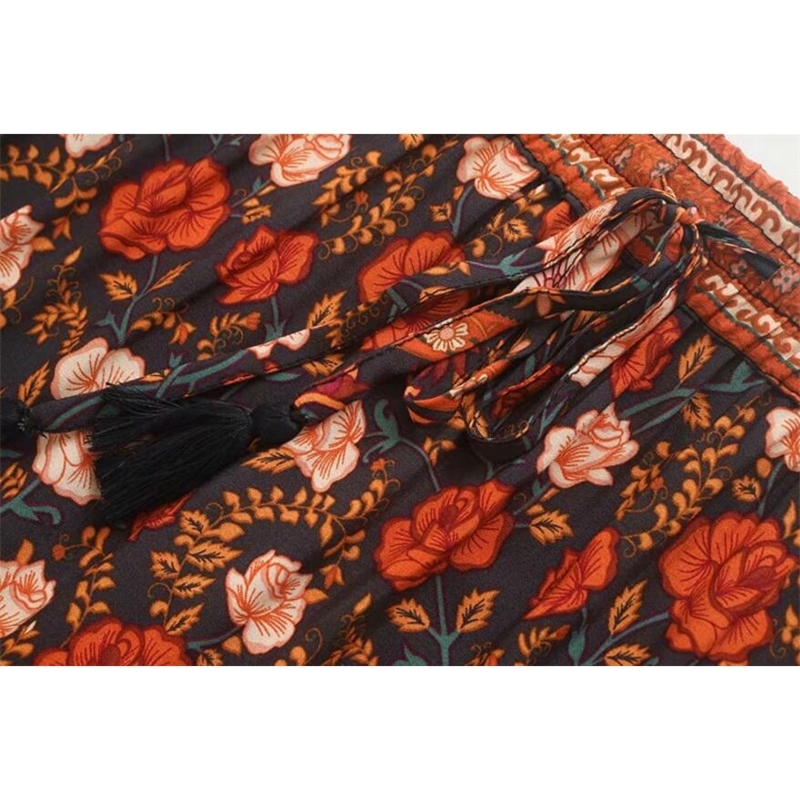 Bohemian Stream Flower Print Long Skirt Stitching Ruched Ruffle Hem Holiday Women Lacing up Stream Waist Swing Skirts Beach 210306