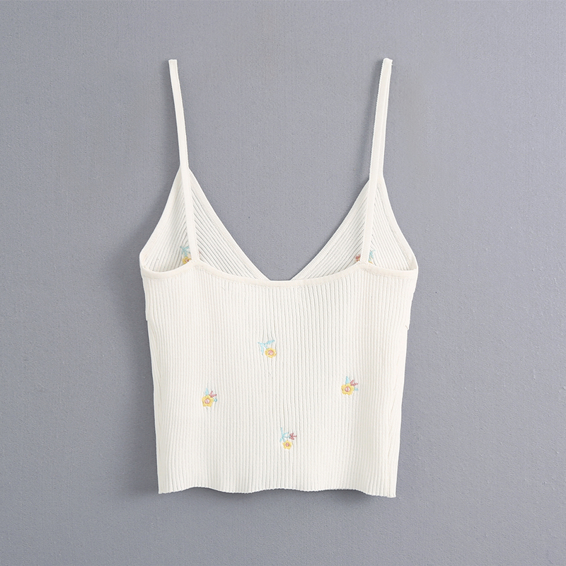 new woman summer sexy white V-neck embroidery knit short crop camisole sleeveless tops bottoming vest 210308