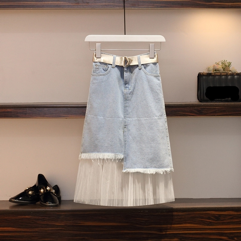 Summer Plus Size 5XL 2 Piece Set Women VNeck Ruffles Floral Chiffon Shirt Tops Mesh Patchwork Denim Skirt Two Piece Set Suit T200608