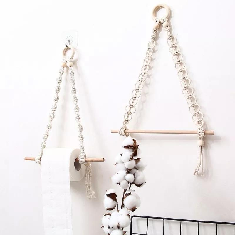 2Pcs Nordic Macrame Wall Hanging Wooden Stick Toilet Paper Holder Towel Hanger Decor
