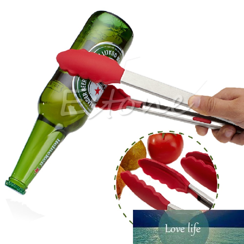 Silicone Kitchen Cooking Salad Serving BBQ Tongs Stainless Steel Handle Utensil random color