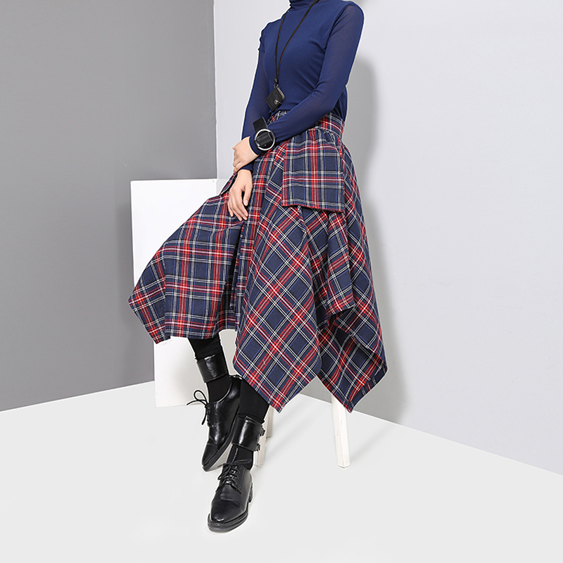 Korean Style Woman Red Plaid Asymmetrical Skirt Sashes High Waist Midi Belted Ladies Casual Unique Irregular Checker Skirt 3027 210306