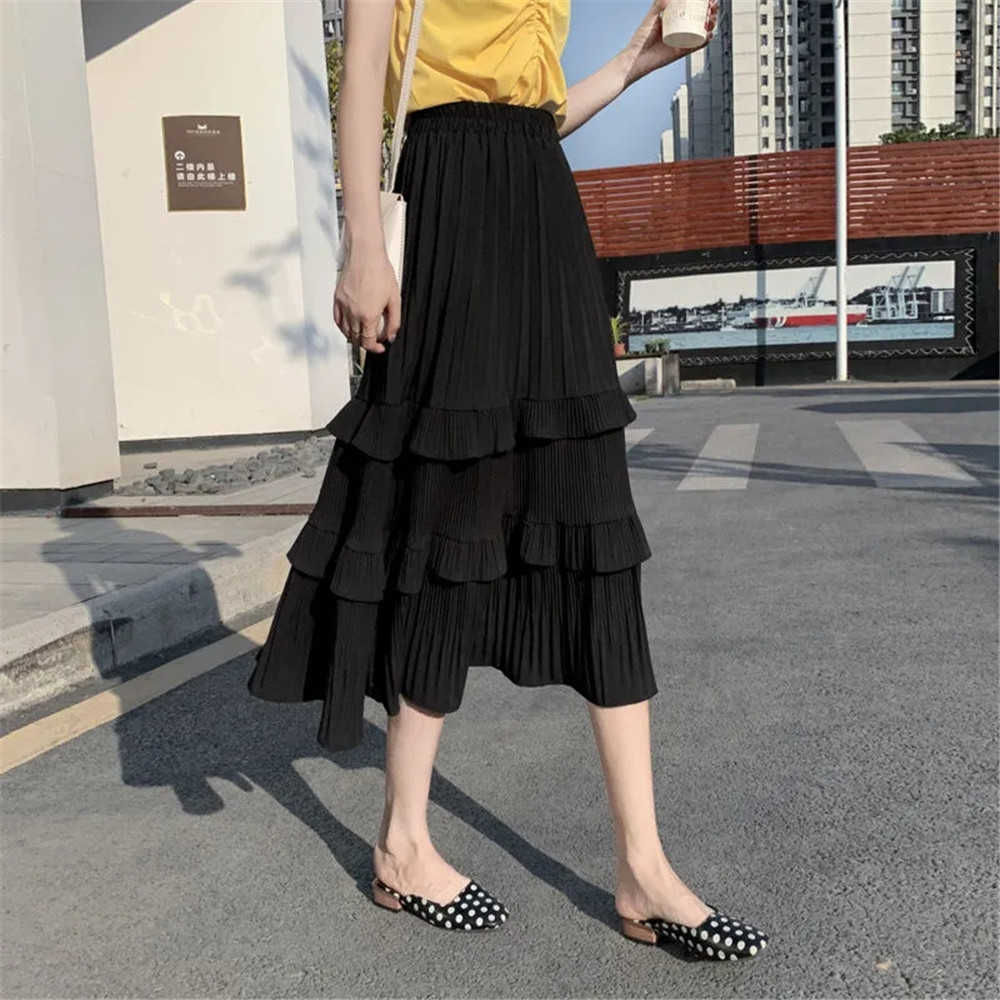 Women Pleated Skirt Black White Korean Style Long Summer Chiffon Layer Cake Sun Female Elegant 210619wtt