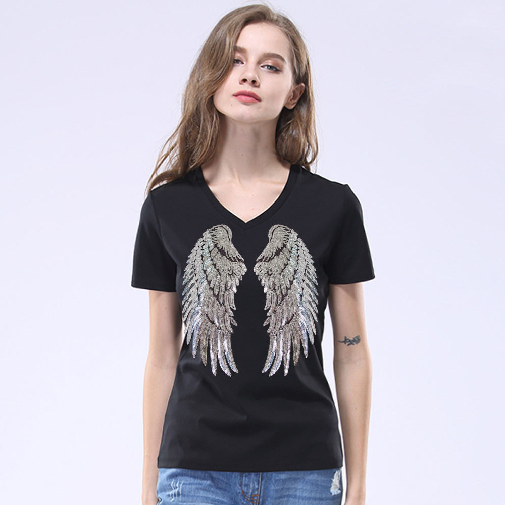 Fashion Sequin Angel Wings T-shirt Woman Causal Tops Novelty Half Sleeve O-neck T Shirt New Summer Loose Sexy Appliques T-shirts 210306