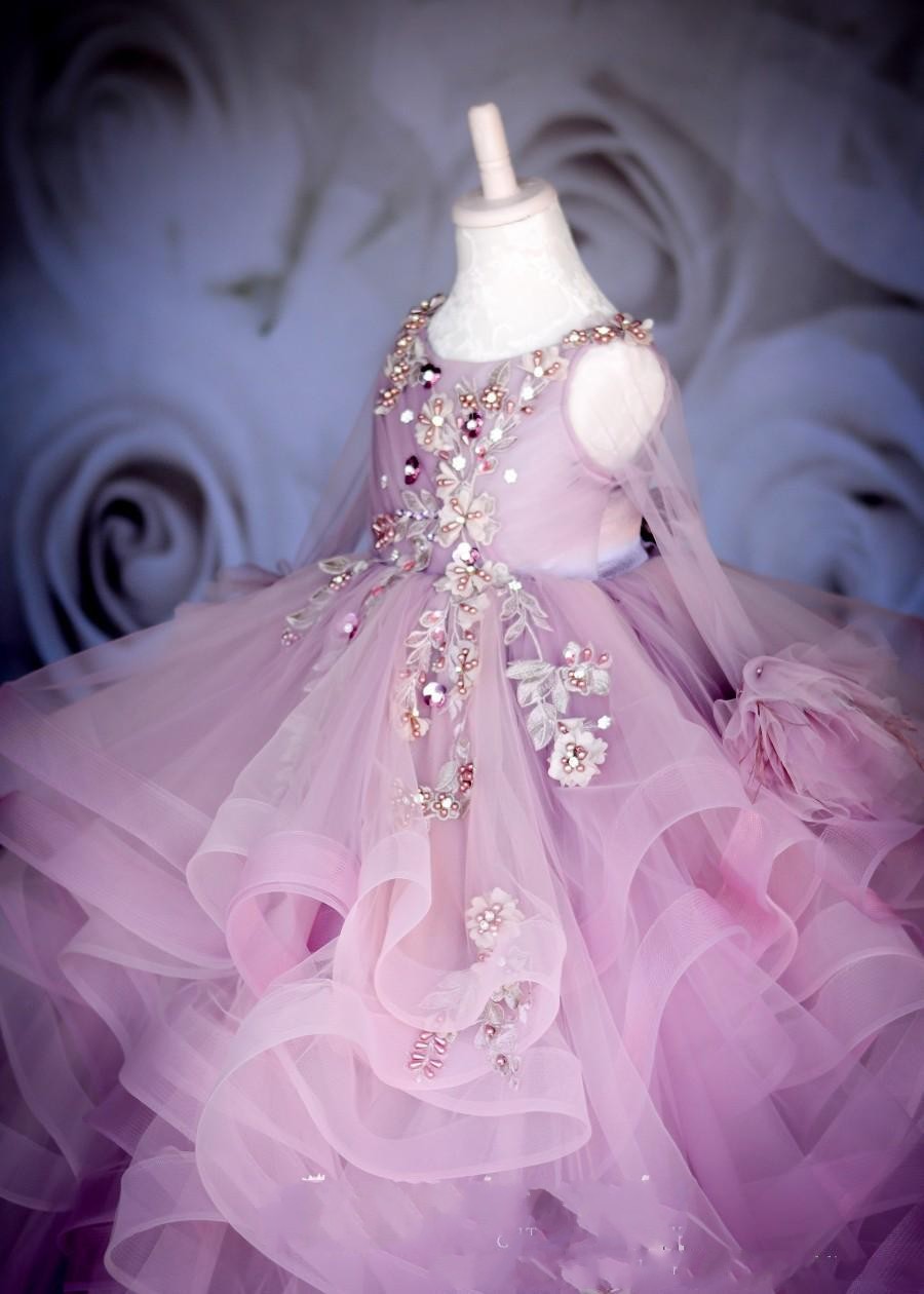 New Hot Cute Lilac Ball Gown Flower Girls Long Sleeves Crystal Tulle Ruffles Tiered For Children Kids Birthday Party Dresses