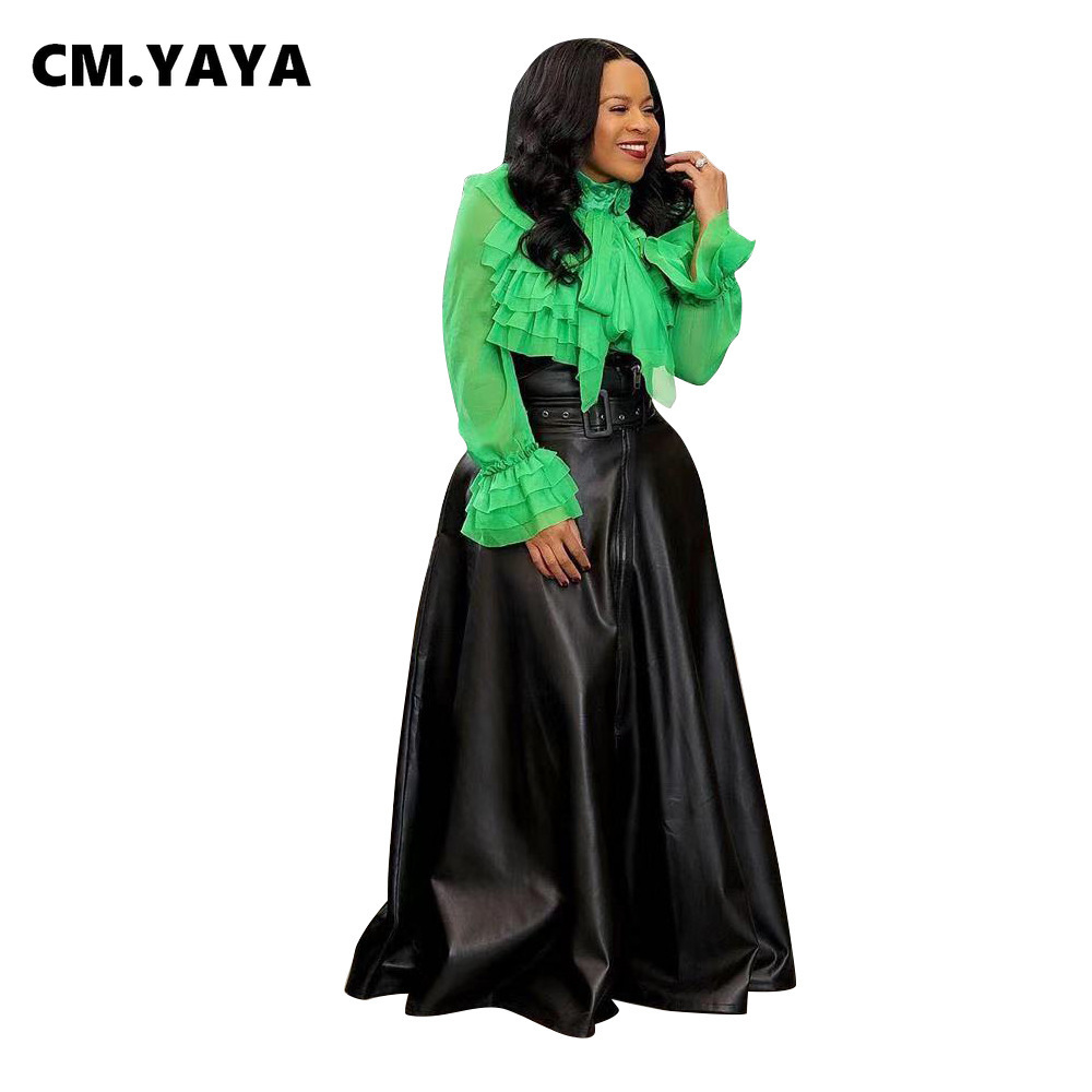 CM.YAYA Women High Waist Faux Leather Long Skirts Night Club Street Vintage Sashes A-line Maxi PU Skirts Party Bandage Skirt 210311 - view 5