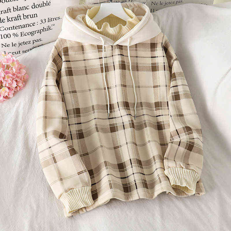 Women Fleece Hoodies Sweatshirt Winter Plaid Pirnted Cotton Hooded Sweatshirt Casual Loose Hooded Pullover Oversize Jacket 211109