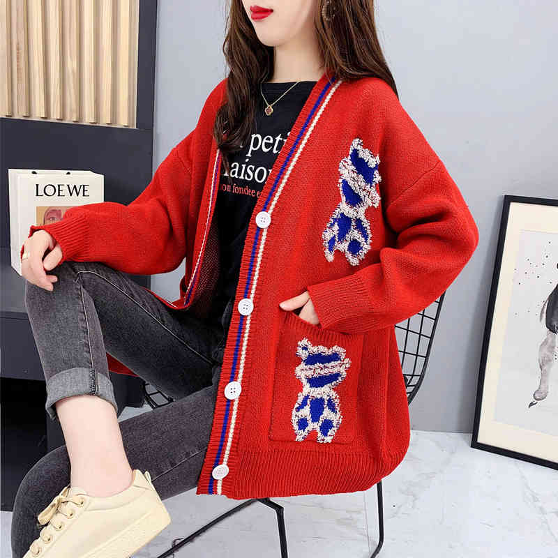 women's sweaters cute cartoon cardigan long sleeve loose knit coats autumn and winter hhws, White;black
women's sweaters cute cartoon cardigan long sleeve loose knit coats autumn and winter hhws, White;black