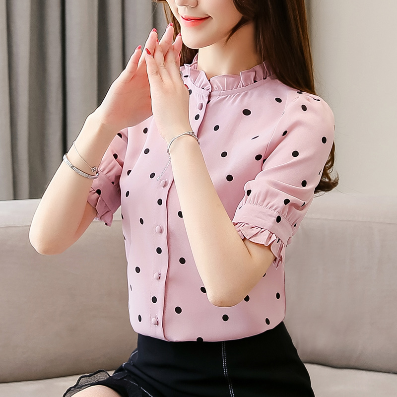 2021 New Chiffon Shirts Women Shirt Summer Shirt Women Tops Dot Printed Fashion Korean Blue Pink Short Sleeves Blouse 5700 50 210225