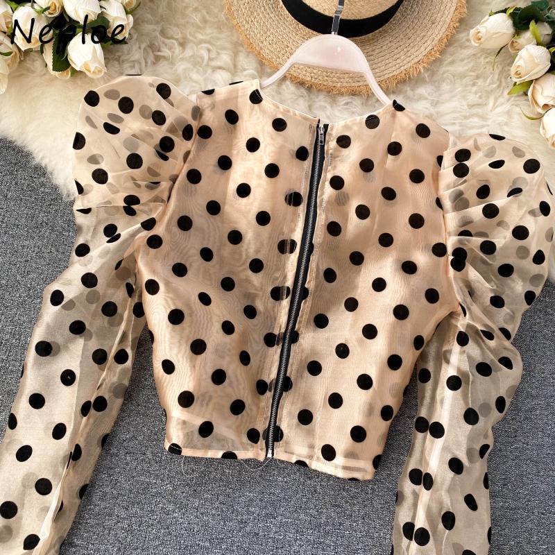 Neploe Retro Chic Polka Dot Puff Sleeve Blouse Women O-neck Zip Panelled Femme Blusas Fashion New All-match Shirt 1F917 210225