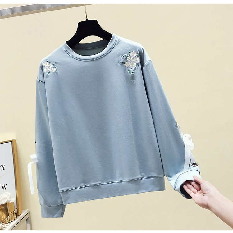 New hoodies sweet fresh and simple wild flowers embroidered cuffs long-sleeved women's sweatershirt pullover 201102