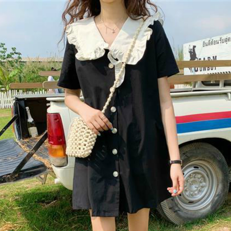 Sailor Dress Women Collar Short Sleeve A-line Fashion Sweet Loose Korean Style Students Mini Dresses Ulzzang Summer All-match C0304