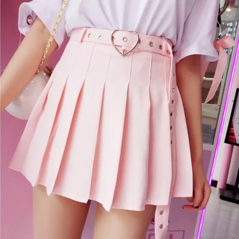 Harajuku Solid Pleated Skirt High Waist Pink A-Line Skirt Cute Korean Uniform Female Kawaii Women Bottom Midi Skirt heart Sashes 210309