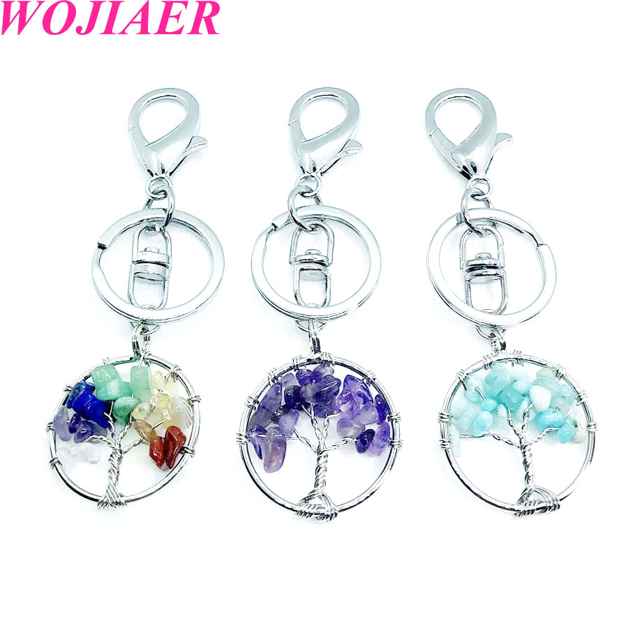WOJIAER Natural Stone Clear Crystal Keychains Ring Key Handmade Holder Round Tree of Life for Women Car Bags Accessories BW911