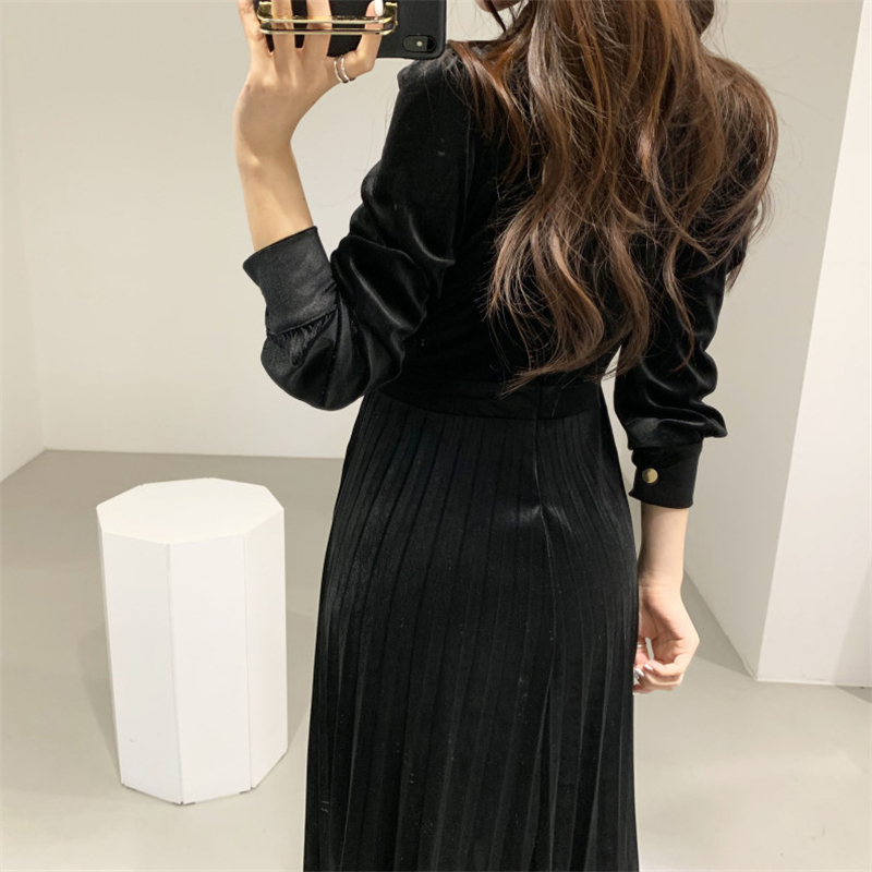 HziriP Retro Style Velvet Office Lady Sexy Slim Elegant OL Work Wear Fashion Chic High Waist Women Long Dresses 210309