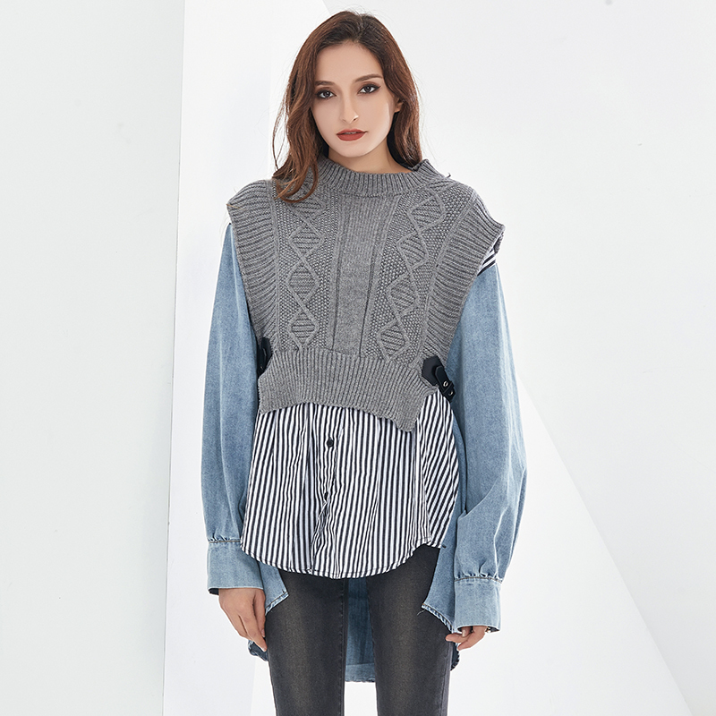 TWOTWINSTYLE Patchwork Striped Blouses For Women O Neck Long Sleeve Casual Oversized Knitted Shirts Female Autumn Clothing 210225