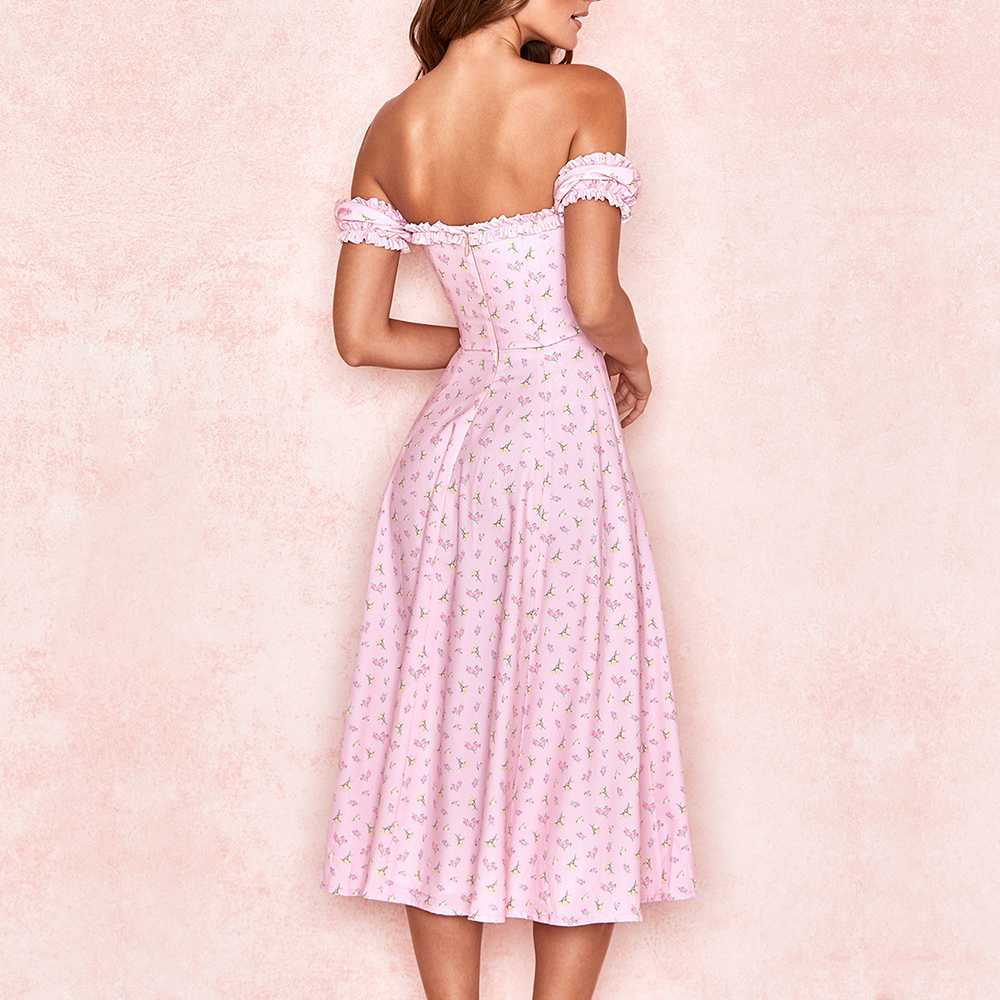 JillPeri Off The Shoulder Midi Dress Summer Floral Side Open Vacation Holiday Outfit Short Sleeve Sexy Sundress 210309