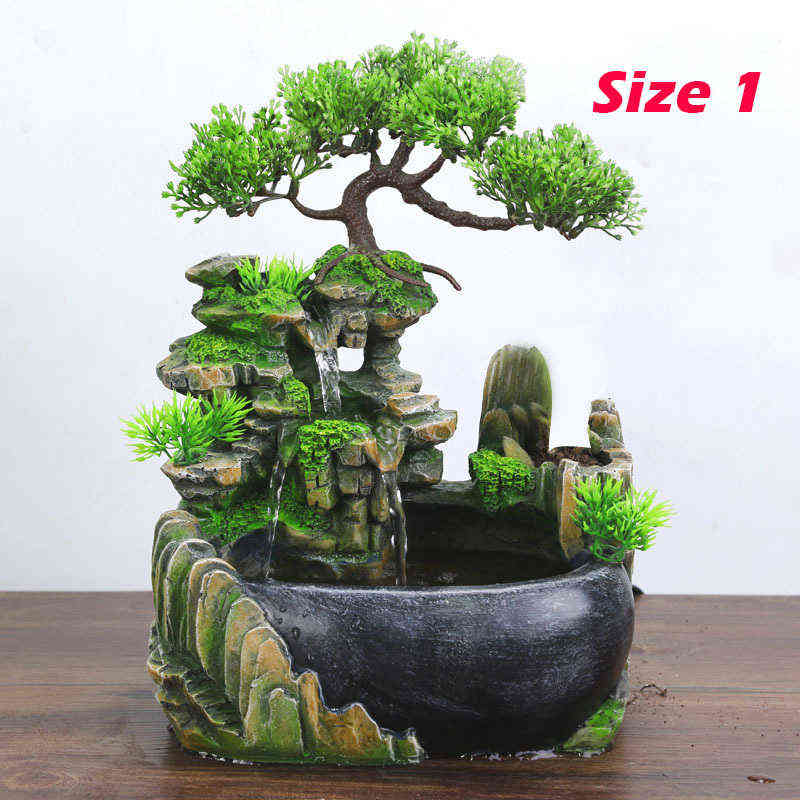 Desktop Resin Mountain Rockery Fountain Waterfall Garden Bonsai Decoration Tabletop Flowing Water (4 Size Choose) 211108