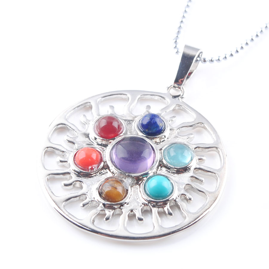 WOJIAER 7 Chakras Natural Stones Round Pendants Health Amulet Healing Necklace 18" Length Jewelry Charms Pendant N3274