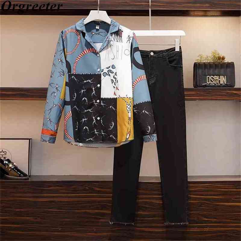 Plus size Autumn Runway Design Retro Pattern Printting Long Sleeve Shirt and Flare Denim Pants Suits Women''s Clothing 210602, Only shirt
Plus size Autumn Runway Design Retro Pattern Printting Long Sleeve Shirt and Flare Denim Pants Suits Women''s Clothing 210602, Only shirt