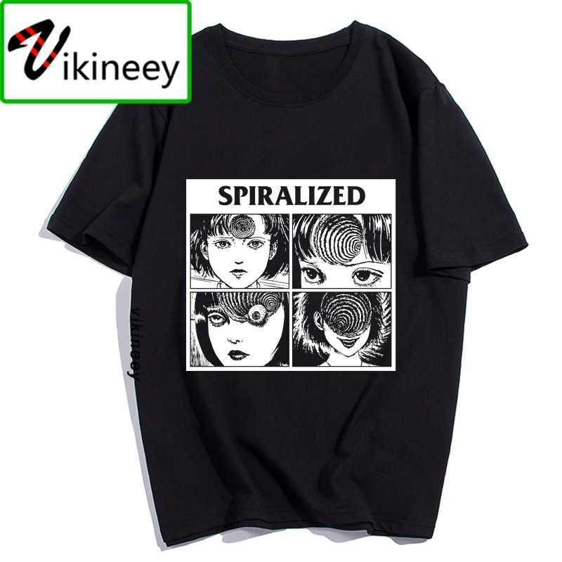 Men Clothes Junji Ito Print Man's T-shirt Harajuku Short Streetwear Aesthetic Anime Shirt Cotton Black Tshirt 210629
