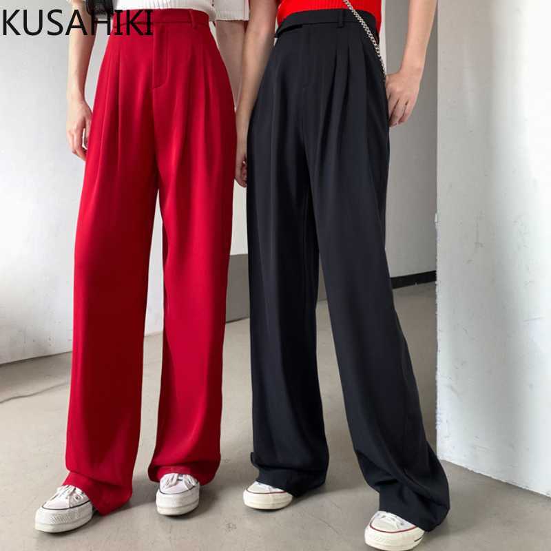 KUSAHIKI Woman Pants Korean Causal Solid Long Trousers Summer Elegant High Waisted Wide Leg Pant Mujer Pantalones 6H620 210602, Black