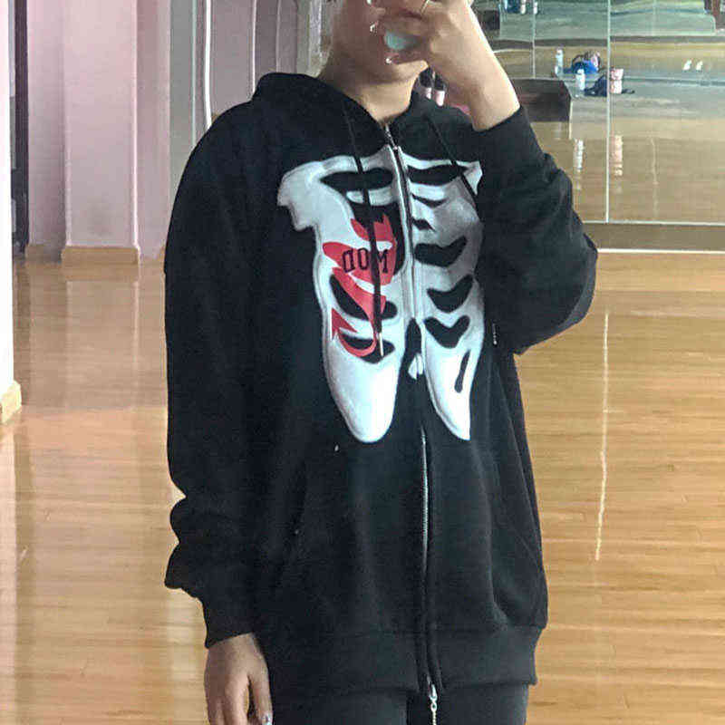 Stylish Bone Pattern Zipper Up Hoodies Streetwear Oversized Hooded Sweatshirt Women Long Sleeve Casual Harajuku Graphic Outwear 211108