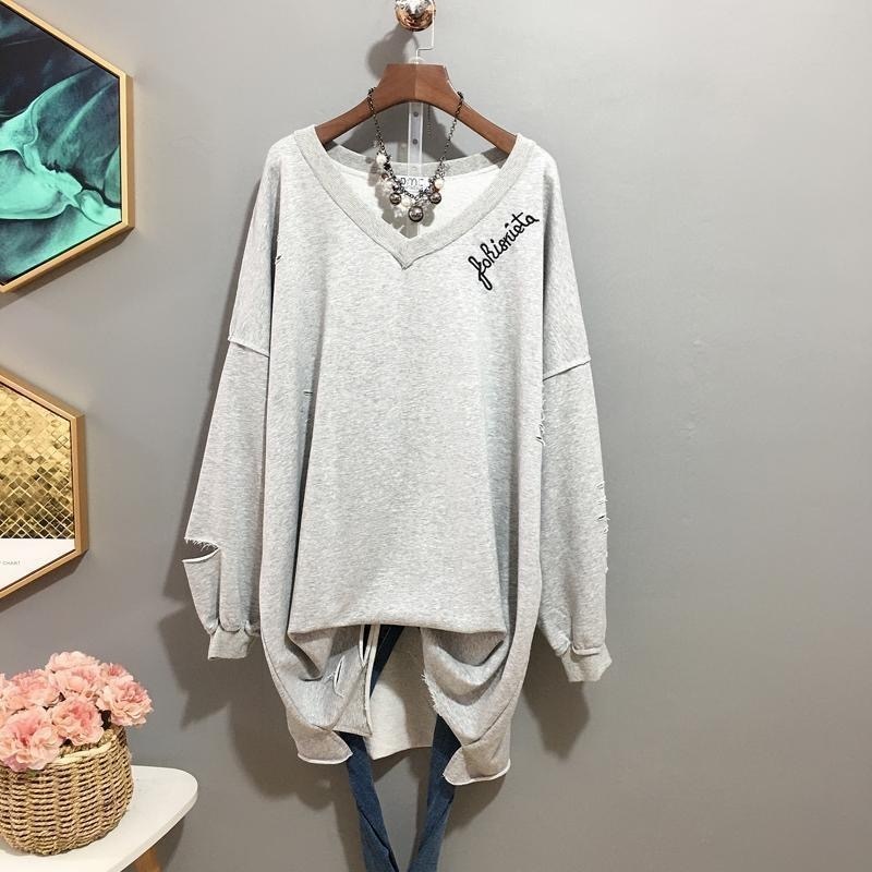 BF Style Women Oversized V Neck Long Sleeve Hole Letter Embroidery Sweatshirt Women Clothing 201216